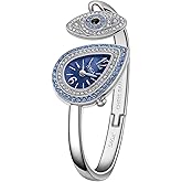 SAGA Angel's Eye Women's Luxury Cuff Bracelet Watch, Swiss Ronda Quartz Movement, Teardrop-Shaped Dial, 30M Water Resistant, 316L Stainless Steel Bracelet with 129 Danube Crystals