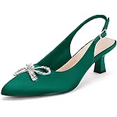 Coutgo Womens Kitten Heels Satin Pumps Slingback Pointed Toe Rhinestone Bow Wedding Dress Shoes