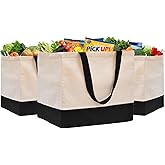 3 Pack Canvas Reusable Grocery Bags Heavy Duty, 8.3 gal Foldable Large Canvas Tote Bag with Handles, Holds 60 lbs Canvas Shopping Bags & Washable Eco-friendly Bags with 5 Pockets, Off white Black