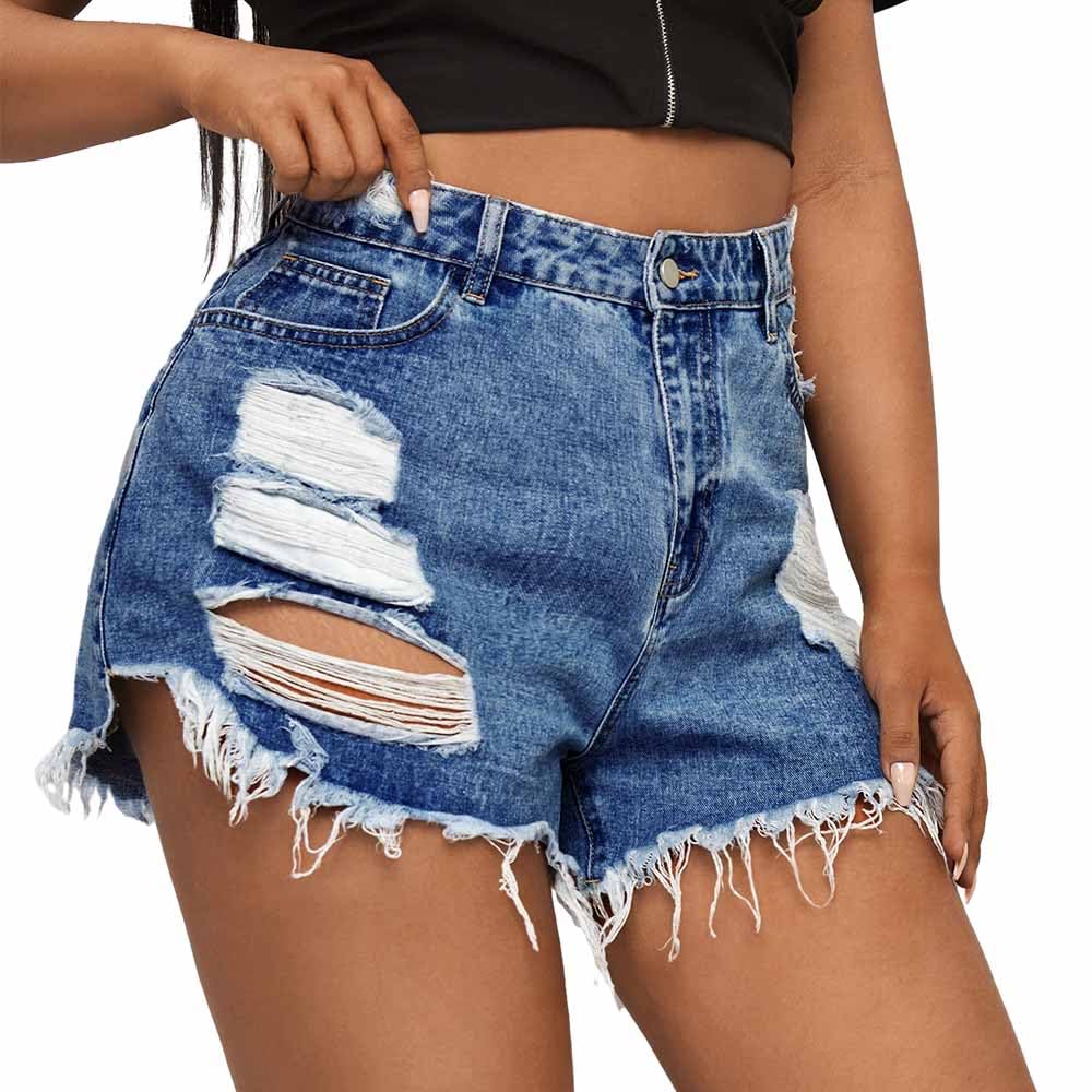 Photo 1 of MapleHub Plus Size Denim Shorts Women High Waisted Ripped Folded Hem Jean Shorts