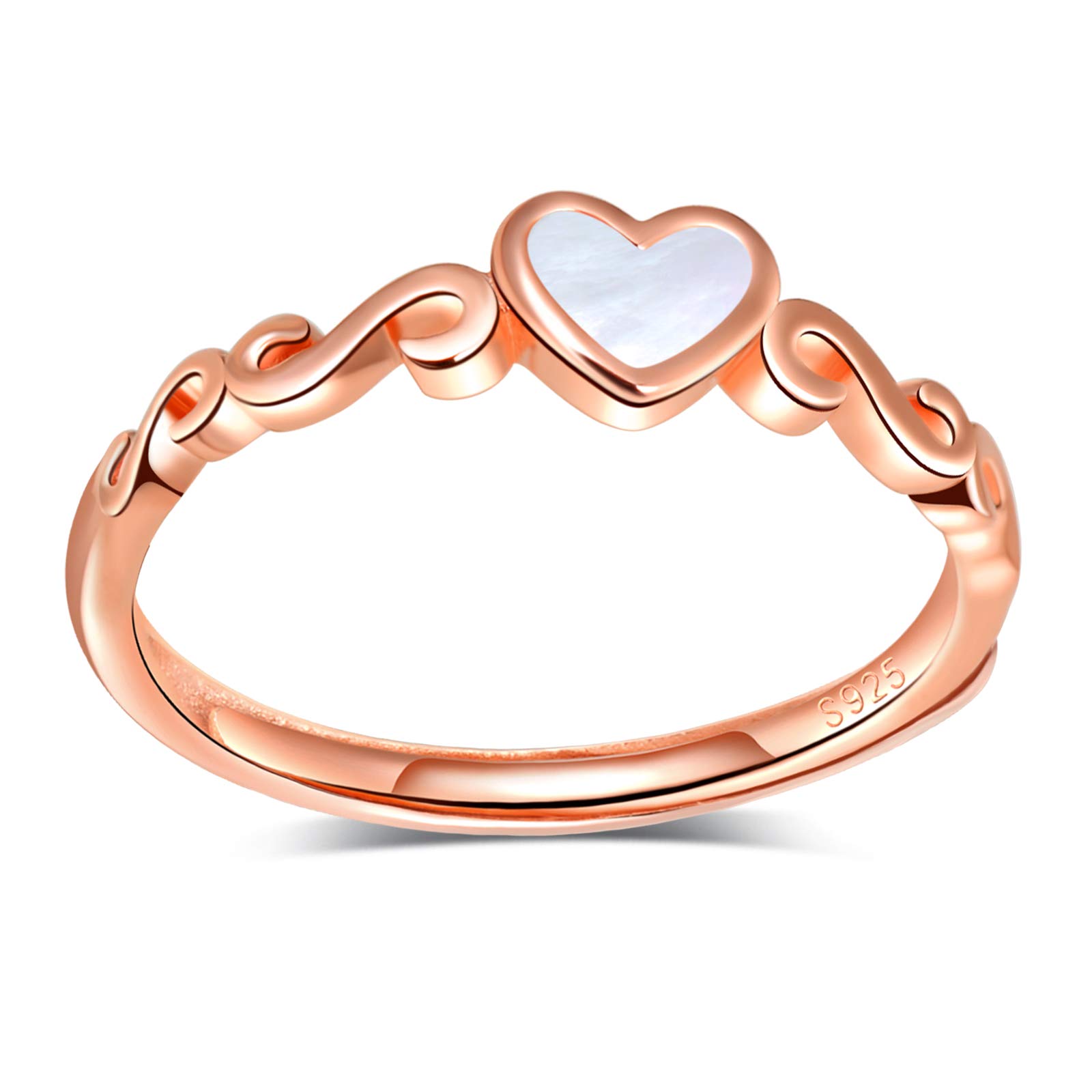 INFINIONLY Women's Open Ring, 925 sterling silver girl's adjustable ring, mini heart white shell ring, Inlaid zircon, Wedding ring, Christmas Mother's Day Valentine's Day and Birthday gift