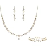 BriLove Wedding Bridal Jewelry for Women Cubic Zirconia Marquise Teardrop Leaf Cluster Y-Necklace Dangle Earrings Link Bracelet Set