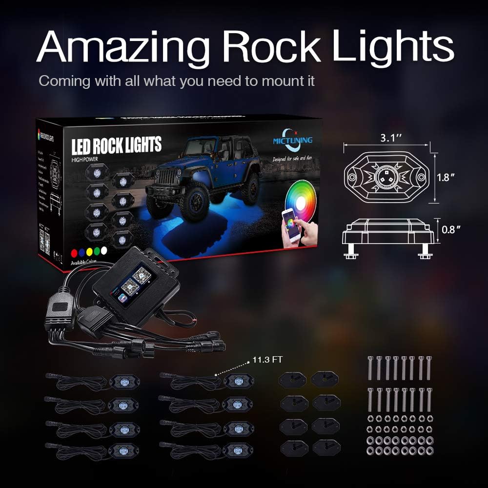 MICTUNING 2nd-Gen RGB LED Rock Lights with Bluetooth Controller, Timing Function, Music Mode - 8 Pods Multicolor Neon LED Light Kit: Automotive
