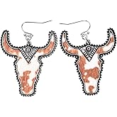 Western Cowgirl Earrings Cow Cattle Head Leather Dangle Earrings Bohemian Vintage Handmade Turquoise Animal Print Earrings