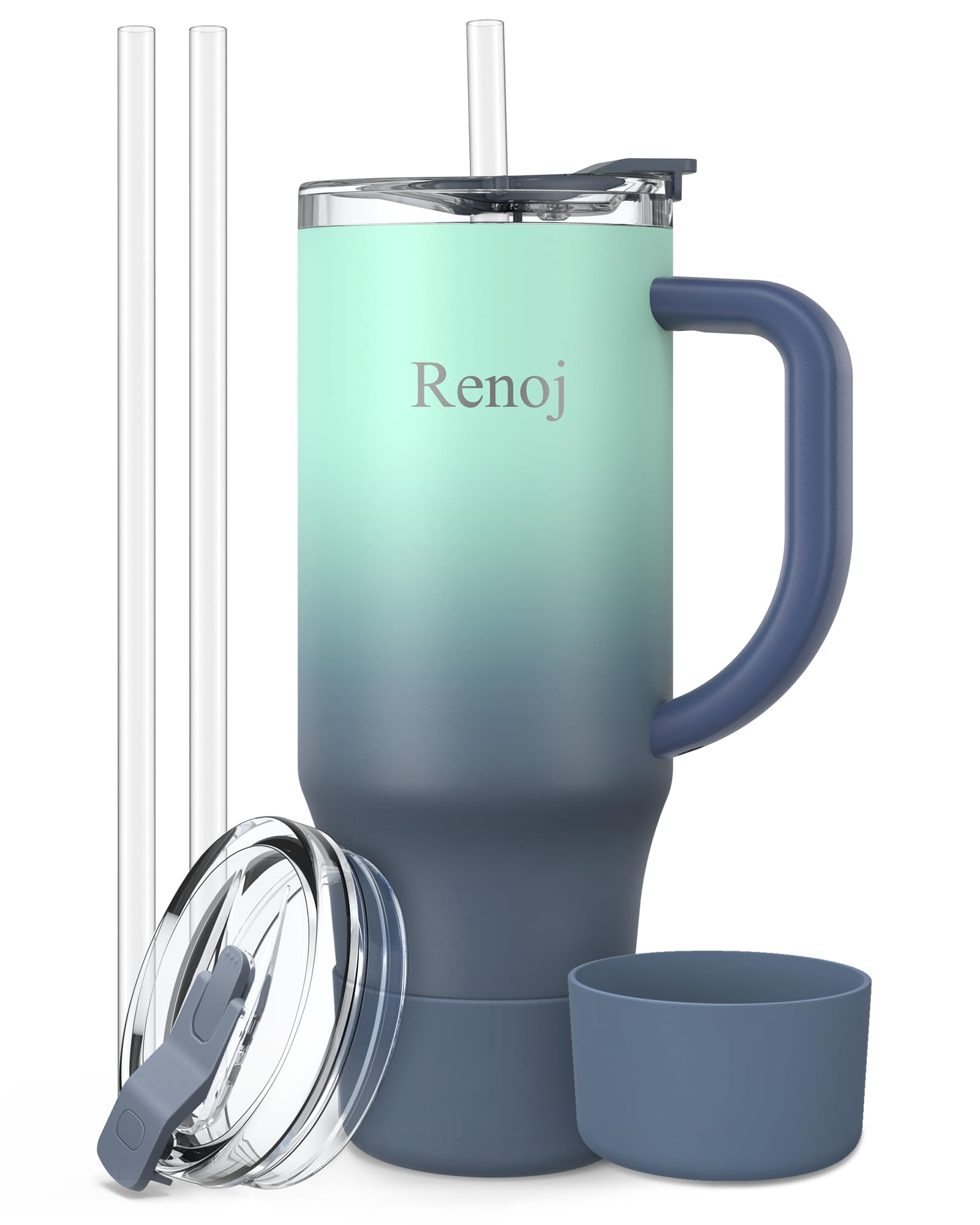 Renoj Insulated Mug 100% Leak Proof Insulated Water Bottle for Iced Coffee & Hot Drinks - Fits Car Cup Holder, Ideal Gift, 2 Straws & Silicone Boot - SnapShift Blue 40 oz Image