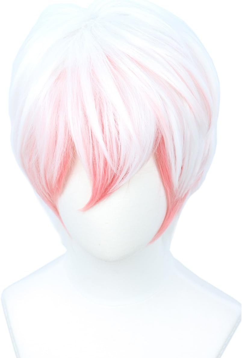 Linfairy Short Straight Pink White Cosplay Wig Halloween Costume Full Wig for Men, pink+white, 33 cm x 4 cm