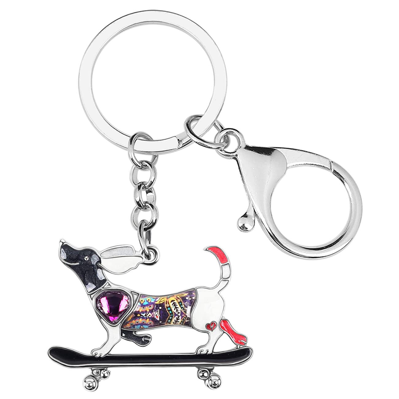 Enamel Alloy Rhinestone Skateboard Dachshund Dog Keychain Jewelry For Women Girls Bag Wallet Charm (Black)