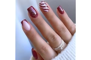 JNRNALI 24Pcs Christmas Press on Nails Short Square Fake Nails with Red Glitter Design Christmas Glue on Nails Full Cover Christmas Nails Stick on Nails for Women and Girls Christmas Nail Art Decoration