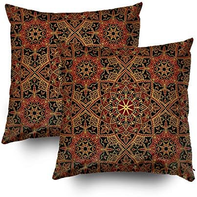 GROOTEY Decritive Pillow Covers, Square Pillowcase with Zip Couch Sofa Décor 16X16Inch 2Ps Throw Cushion Seamless Floral Ornamental Background East Old Ornament with Golden Lines Template Fo