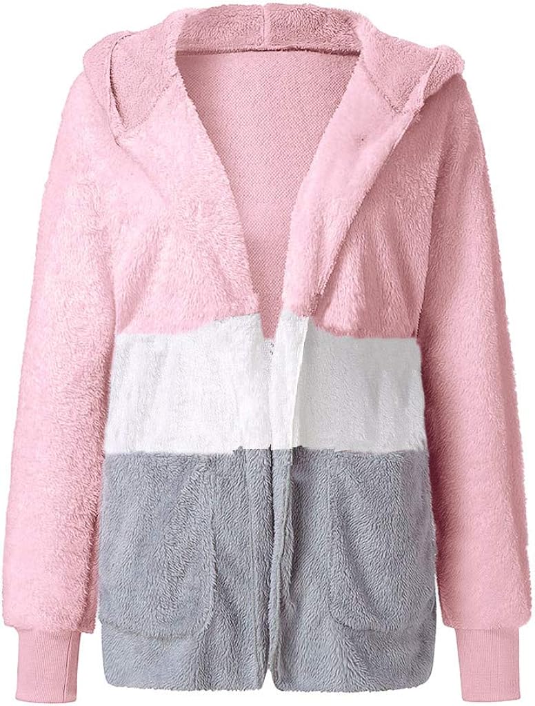 GREFER-Women Warm Winter Fleece Fuzzy Faux Shaggy Overcoat Lightweight Open Front Hooded Cardigans