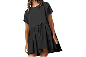 BXINGOHAI Oversized Sweatshirt Dress Women Short Sleeve Crew Neck Patchwork Pullover Tops Flowy Pleated Mini Dress