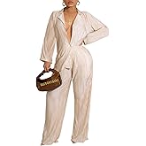 Ekaliy Women's 2 Piece Casual Pleated Outfits Short Sleeve Button Down Shirt High Waist Wide Leg Trouser Sets Suit