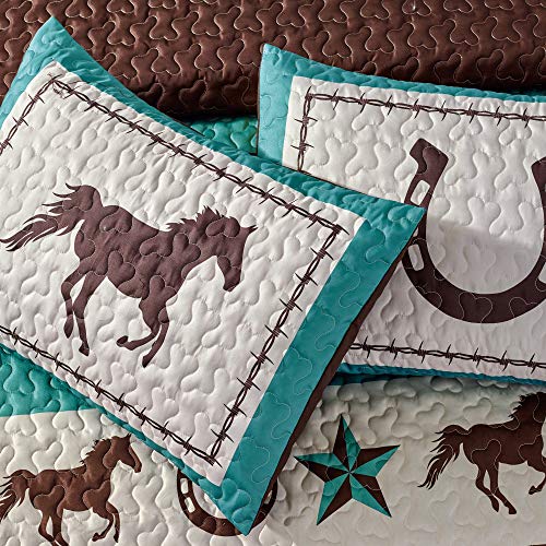 WPM WORLD PRODUCTS MART Western Teal/Beige/Brown Horseshoe, Horse, Barb Wire Cowboy Print Bedspread 3 Piece Southwestern Cabin Lodge Design Coverlet Quilt Set- JENA (Queen) - Thumbnail 4