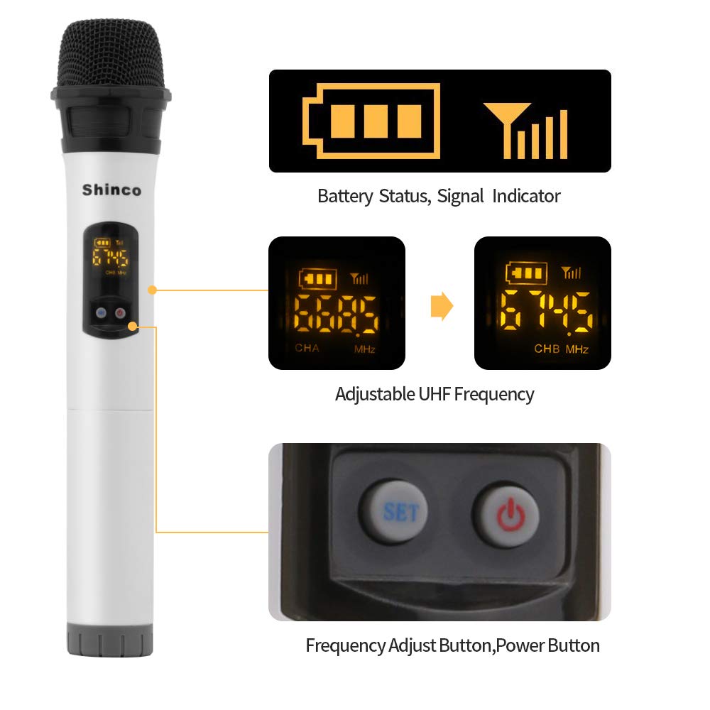 Shinco Wireless Microphone System with Mini Portable Receiver 1/4 inch Output, 2 Handheld UHF Microphone for Karaoke Party Wedding Church Meeting
