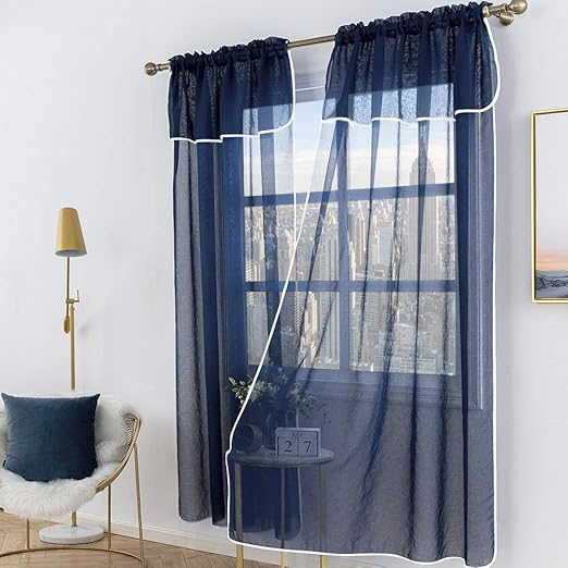 Amazon Com Westweir Navy Blue Voile Sheer Trim Curtains