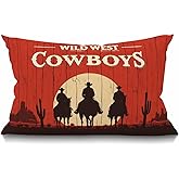 Smooffly Cowboy Farmhouse Oblong Rectangle Throw Pillow Case,Vintage Western Cowboys Riding Horses Wooden Sign Rural Ranch Desert Sunset Decorative Throw Pillow Case,12x20 inch