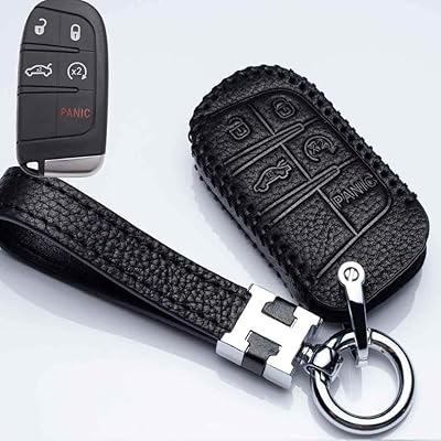 Jazzshion echt leer 5 knoppen Sleutelhanger cover voor Jeep Cherokee, Fiat, Dodge Charger Challenger Dart Journey, Chrysler 300 200 Smart Remote Key, Car Remote Pouch met sleutelhanger houder