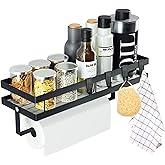 Spice Rack Organizer Wall Mounted with Paper Towel Holder, Bathroom Shelves Storage Shelves,Space Saving Spice Organizer,Sturdy Hanging Organizer with 4 Detachable Hooks for Kitchen and Bathroom