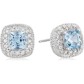 Amazon Essentials Sterling Silver Cushion Cut Birthstone and Created White Sapphire Halo Stud Earrings