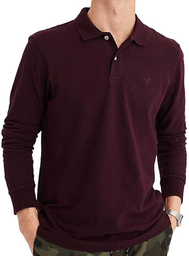 American Eagle Mens Long Sleeve Pique Polo TShirt Burgundy (Small) at