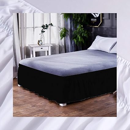 PinShang Simple Solid Color Elastic Trimmed Ruffle Comfortable Bed Skirt Black 135X200+40