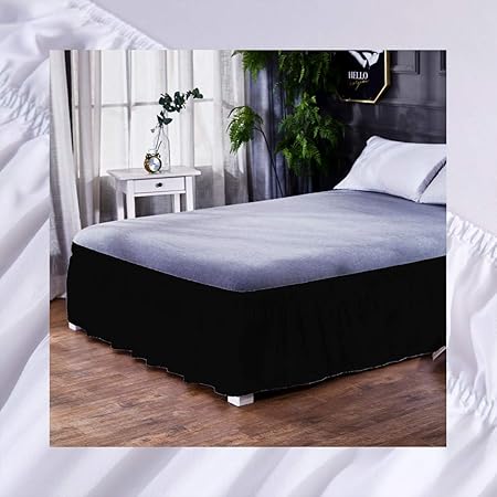 PinShang Simple Solid Color Elastic Trimmed Ruffle Comfortable Bed Skirt Black 180X200+40