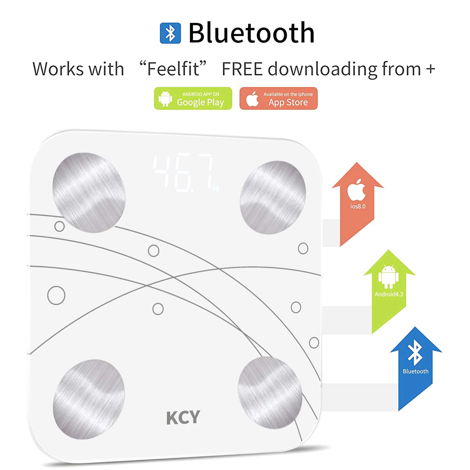 KCY Bluetooth Body Fat Scale,Smart Wireless Bathroom Scale for Body Weight,LED Digital Weighing Percentage Scale,BMI,BMR 15 Key Body Composition Monitor Health Analyzer with Smartphone App Sync,White: Industrial & Scientific