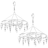 CenYouful 2 Pack Stainless Steel Round Hanging Drying Rack with 20 Clips for Drying Socks, Baby Clothes, Bras, Towel, Underwear, Hat, Scarf, Pants, Gloves