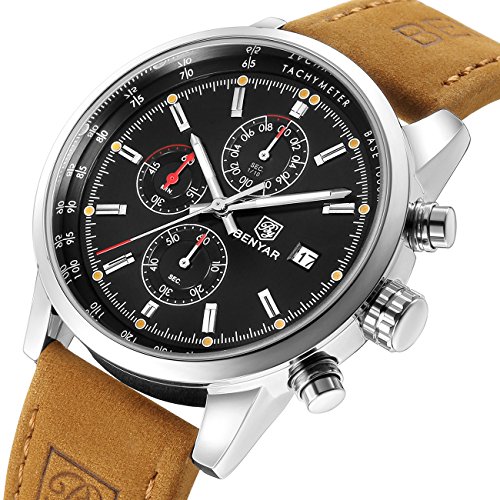 Chronograph Brown Leather Quartz Analog Watches Men Waterproof Date Stainless Steel Black Dial Mens Wrist Watch