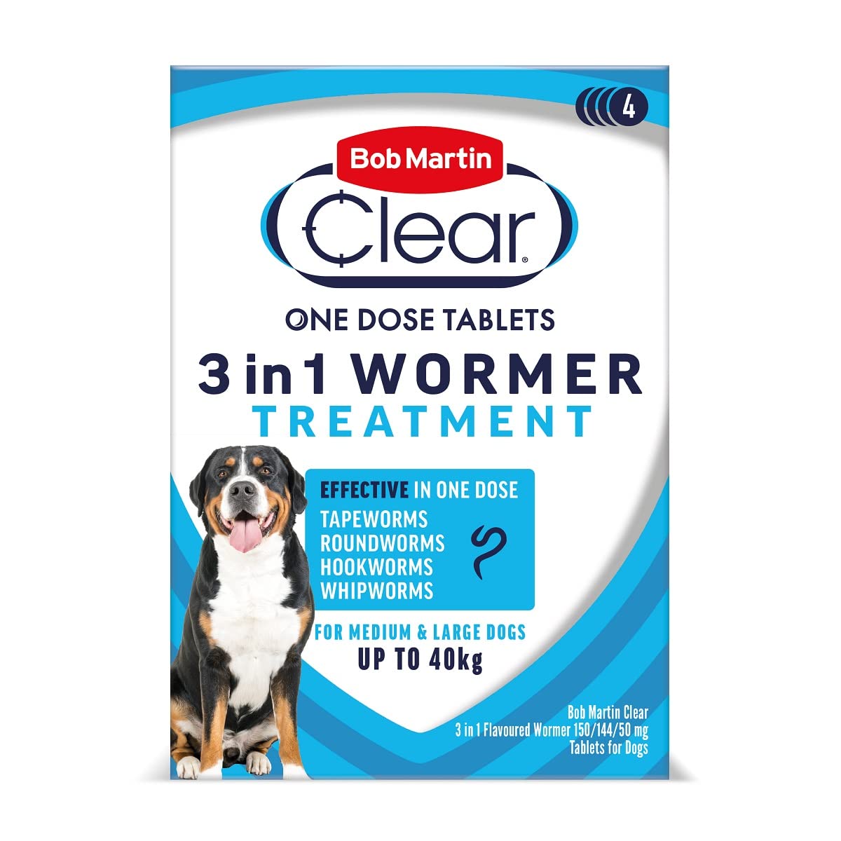 Bob Martin Clear 3-in-1 Wormer for Dogs (4 Tablets) - For Small, Medium and Large Dogs up to 40kg, Clinically Proven Treatment — image 1