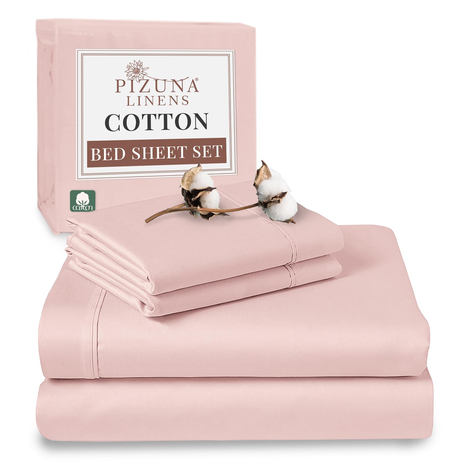 Pizuna 100% Cotton Double Bed Sheet Set Light Pink, 400 Thead Count Long Staple Cotton Bedding Set 230x280 cm, Soft Sateen 4 PC Double Bed Sheet Set - Fitted Sheet, Flat Sheet & 2 Pillowcases