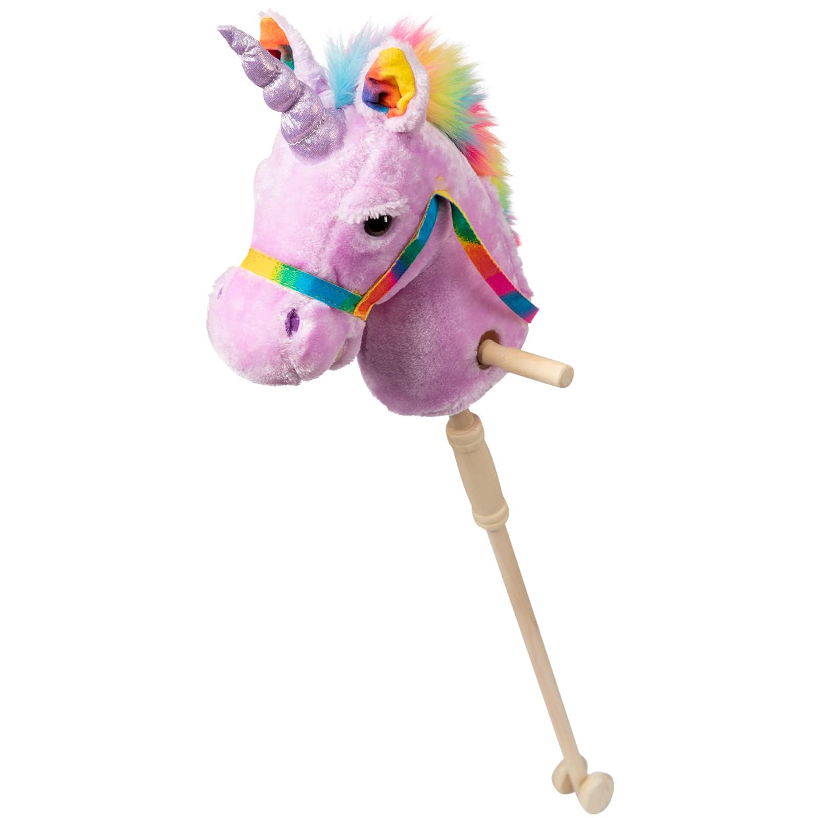 HollyHOME Unicorn Stick Horse Handcrafted Hobby Horse on a Stick with Wood Wheels Real Pony Neighing and Galloping Sounds Plush Unicorn Toy Purple 36 Inches(AA Batteries Required)