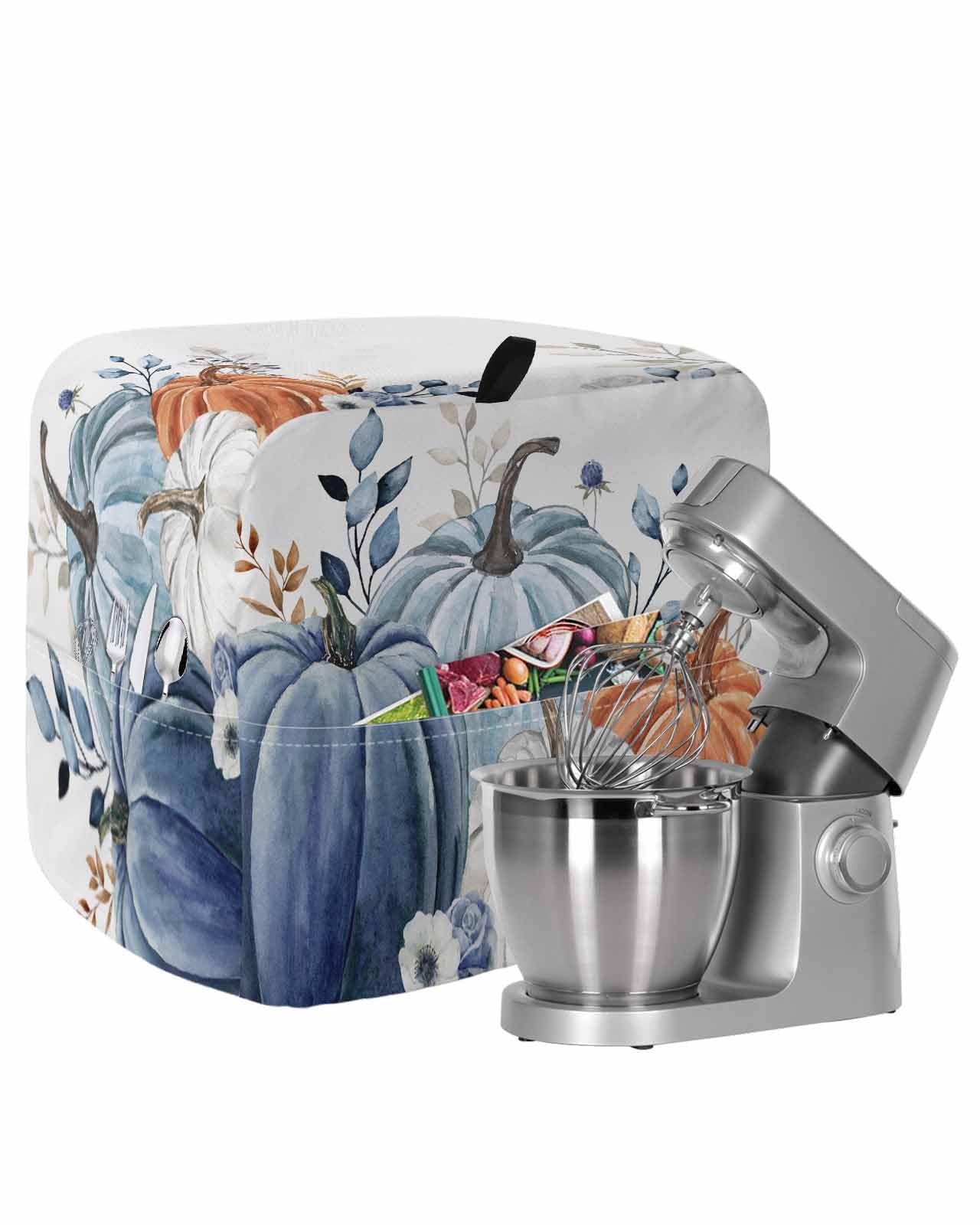 Fall Blue White Stand Mixer Dust Cover with Storage Pocket & Handles,Thanksgiving Orange Pumpkin Eucalyptus Leaf Fits All Tilt Head & Bowl Lift Kitchen Appliance Cover Bag Accessories,6-8 Quart