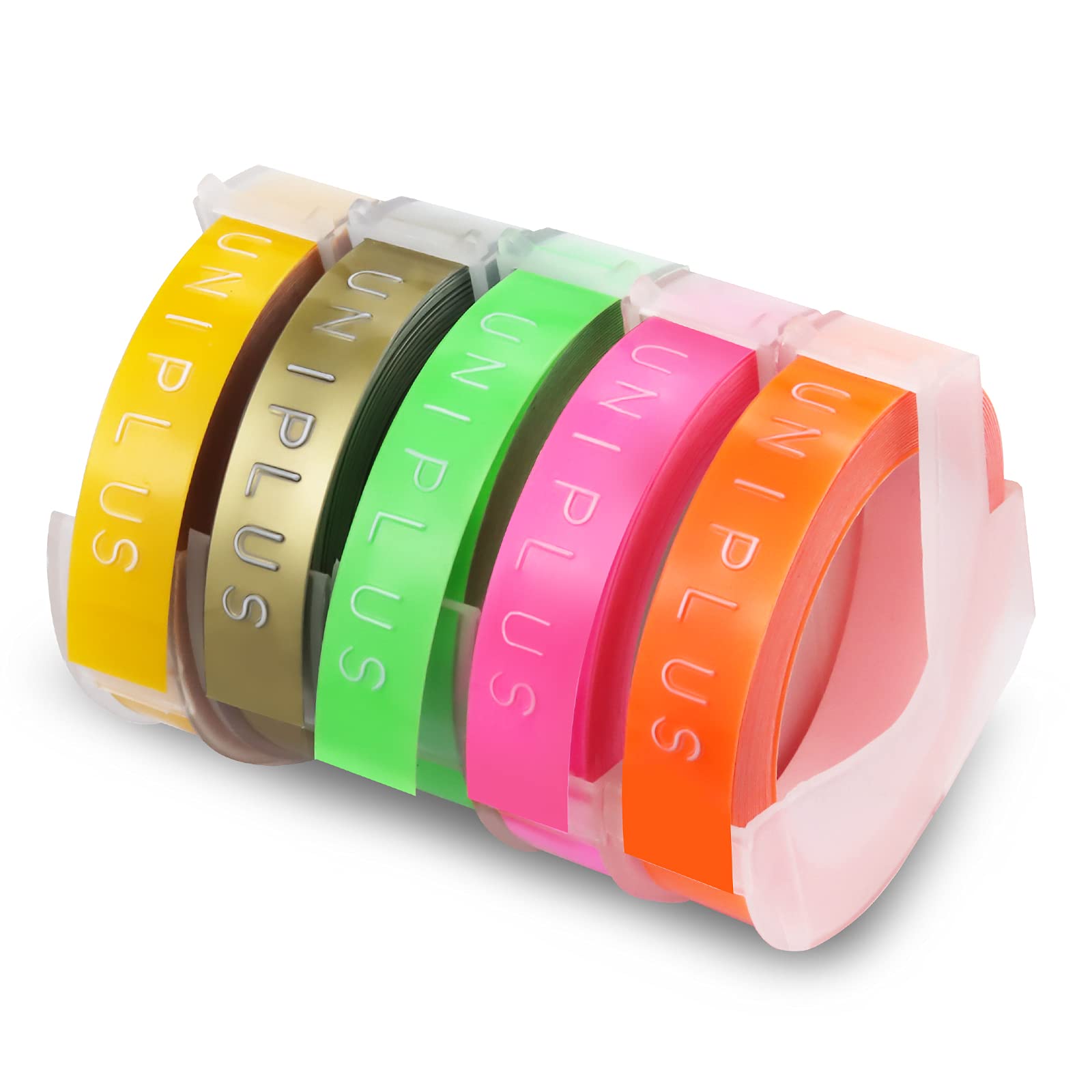 UniPlus Compatible Embossing Label Tape Replacement for 3D Tape Omega S0717930 Junior S0717900 Fluorescent Pink/Green/Orange, Gold/Yellow, 9mm x 3m, for E-101 E-303 3D Mini Label Maker