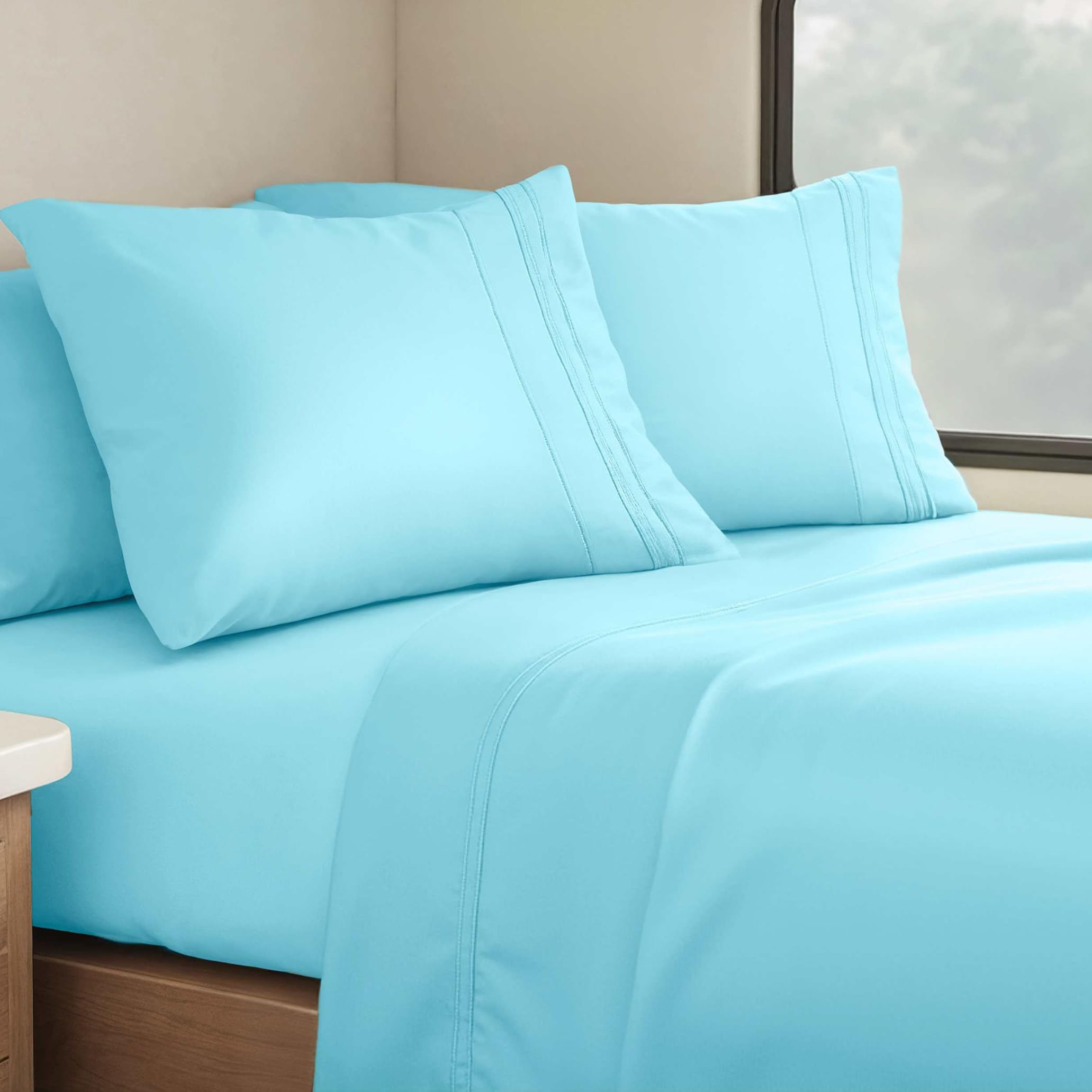Clara Clark Bed Sheets, Premier 1800 Series 4 Piece RV Queen Sheet Set, Luxury Soft Sheets for RV Bunks, Short Queen - Beach Blue Image