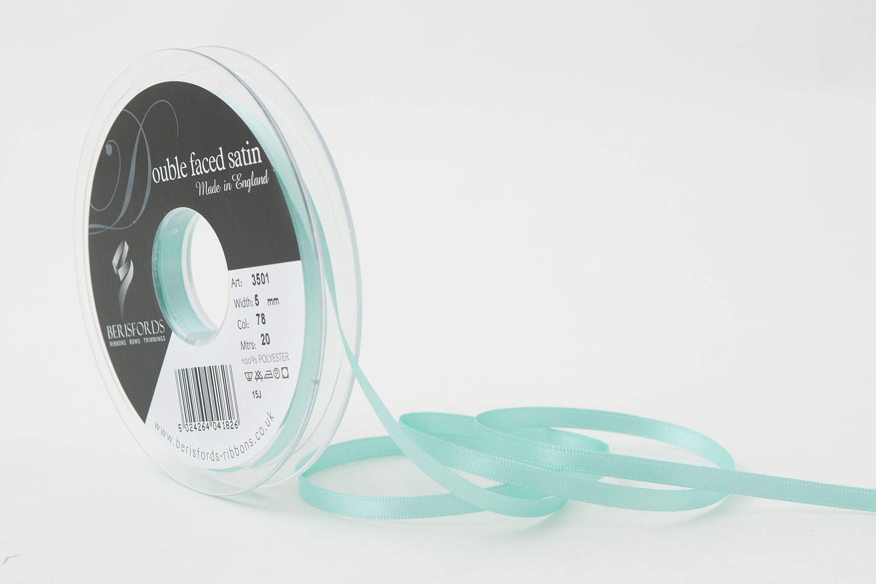 Berisfords Double FACE Poly Satin Ribbon, Aqua, 5 mm