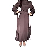 xxxiticat Women's Green Satin Dress Long Lantern Sleeve Mock Neck Puff Shoulder Tie Waist Pleated Cocktail Maxi Slip Dresses