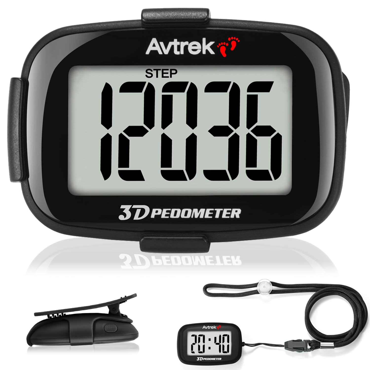 AVTREK Step Counter with Clip and Lanyard, 3D Pedometer with Time Display and LED Backlight, Simple Step Counter for Walking Running, Men Women Elder(Black)