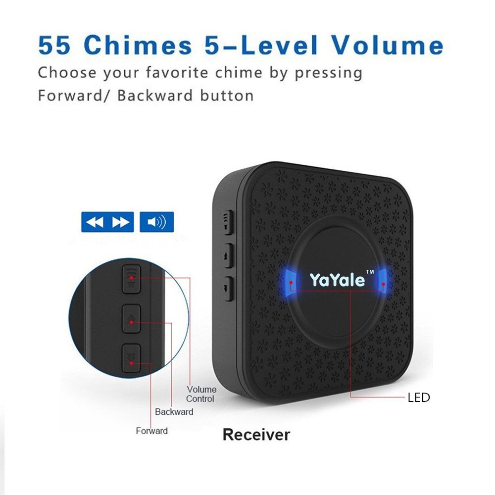 Wireless Doorbell,Waterproof Chime Kit Operating at 1000ft with 1 Push Button Transmitter（Battery included）and 2 plug-in Receivers,55 Chimes,45 Level Volume LED Indicator -Black