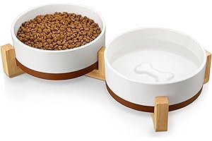 MALACASA Ceramic Dog Bowls, Dog Bowls for Medium Sized Dogs with Wood Stand - Pet Food & Water Bowl Set for Cat Medium Dogs, Weighted Glaze Matte.34 OZ (M-3.5 Cups)