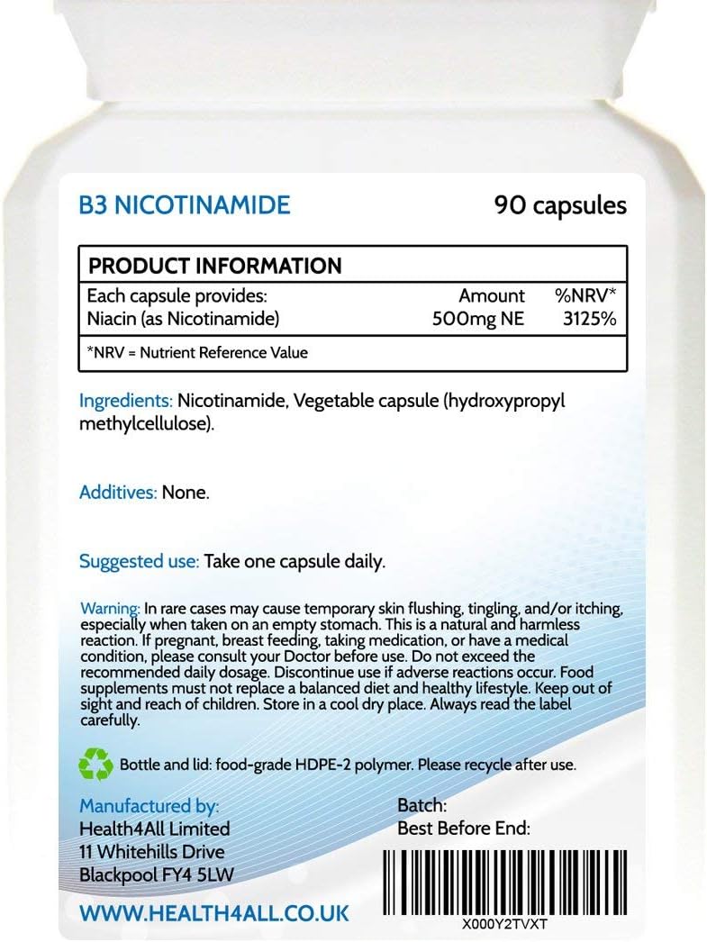 Health4All Vitamin B3 Niacin as Nicotinamide (Niacinamide) 500mg 90 Capsules, Purest, No Additives, Vegan - Image 3