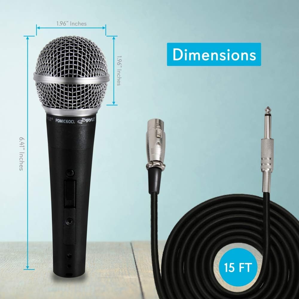 Pyle Professional Dynamic Vocal Microphone - Moving Coil Dynamic Cardioid Unidirectional Handheld Microphone with ON/OFF Switch Includes 15ft XLR Audio Cable to 1/4'' Audio Connection - PDMIC59: Musical Instruments