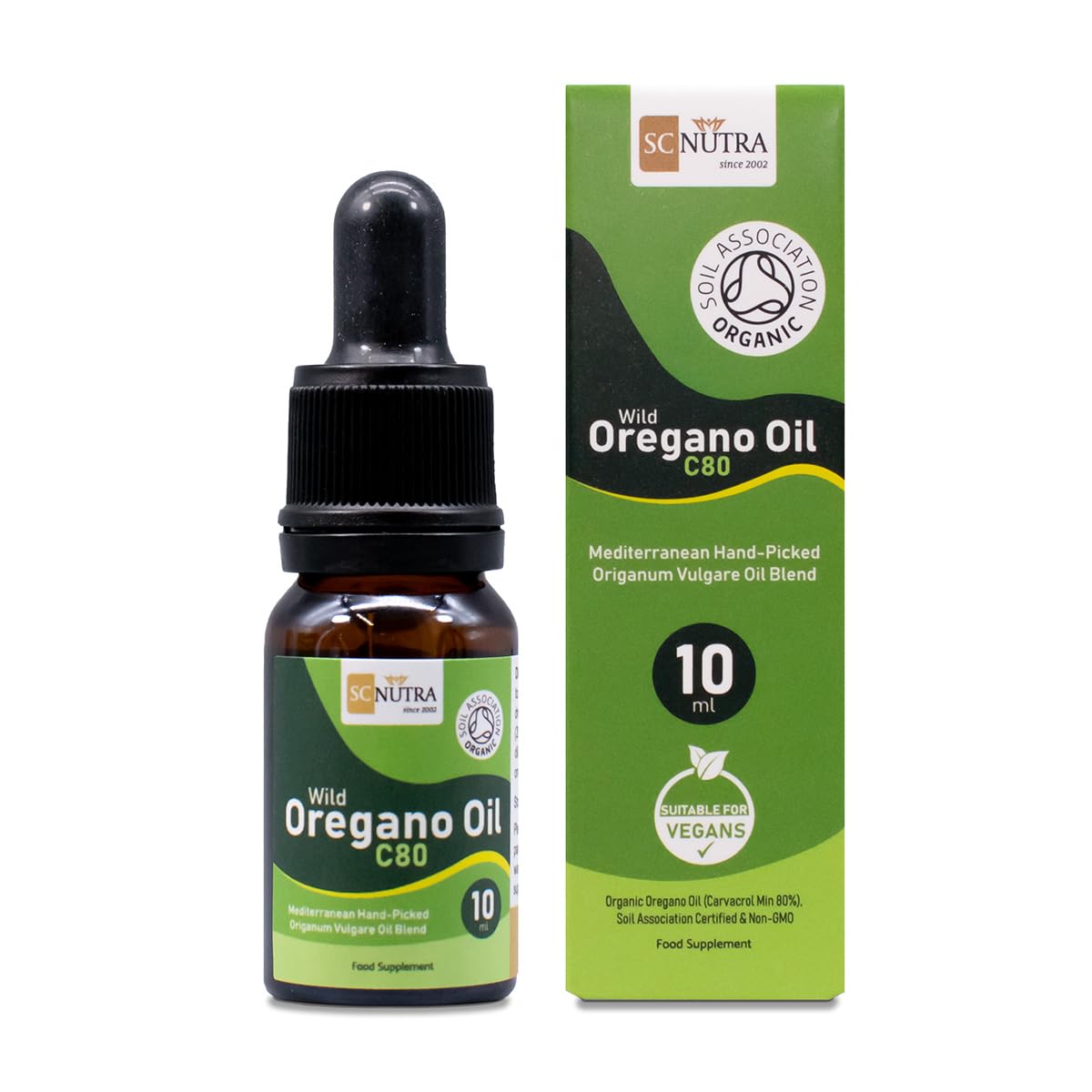 Organic Wild Oregano Oil C80 10ml (70 Servings) - 83%+ Carvacrol & Low Thymol Levels - UK Soil Association Approved - SC Nutra / Sweet Cures