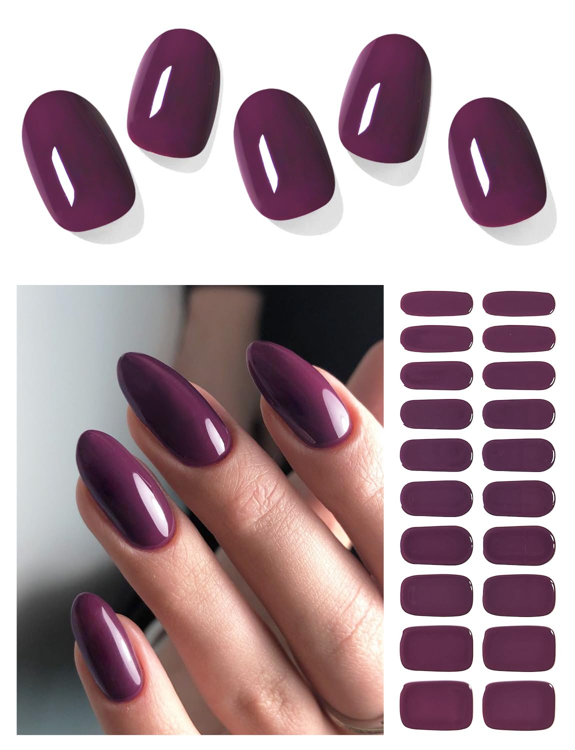 AutyaMee Semi Cured Gel Nail Strips (Burgundy Plum), Deep Purple, 20 Pcs Gel Nail Wraps, Stickers, UV Light Required, Salon Quality, Long Lasting