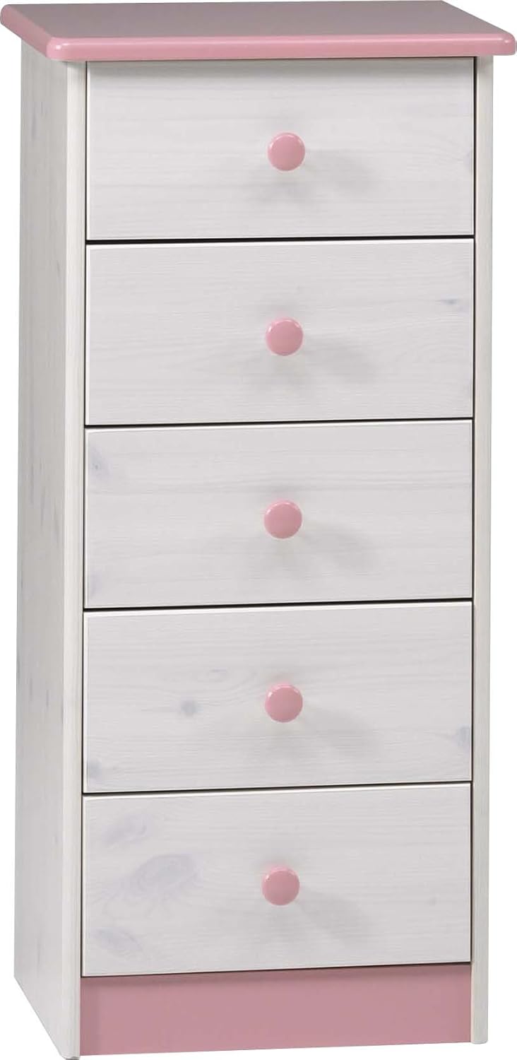 Steens Kids 5 Drawer Narrow Pine Chest Of Drawers Whitewash Pink
