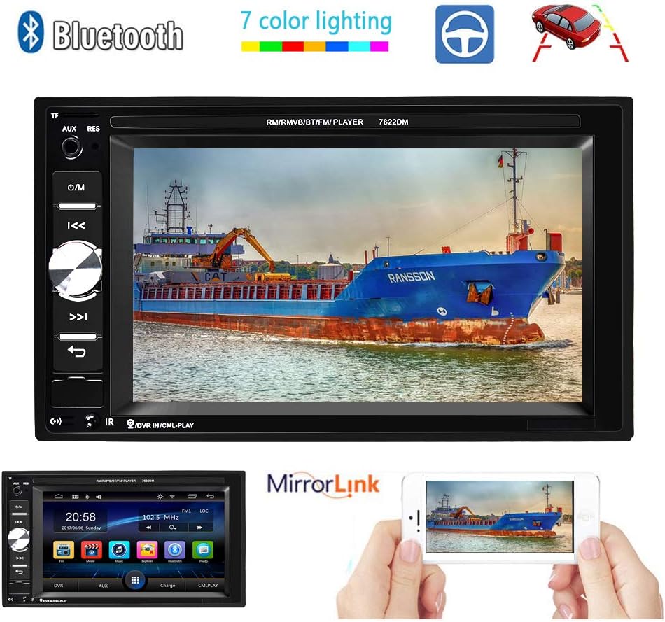 Car Multimedia Player Universal Double Din Car Stereo Bluetooth 6.2'' Touch Screen Car Radio in Dash Support Rear View Backup Camera Mirror Link SWC TF USB FM AUX DVR MP5 Player