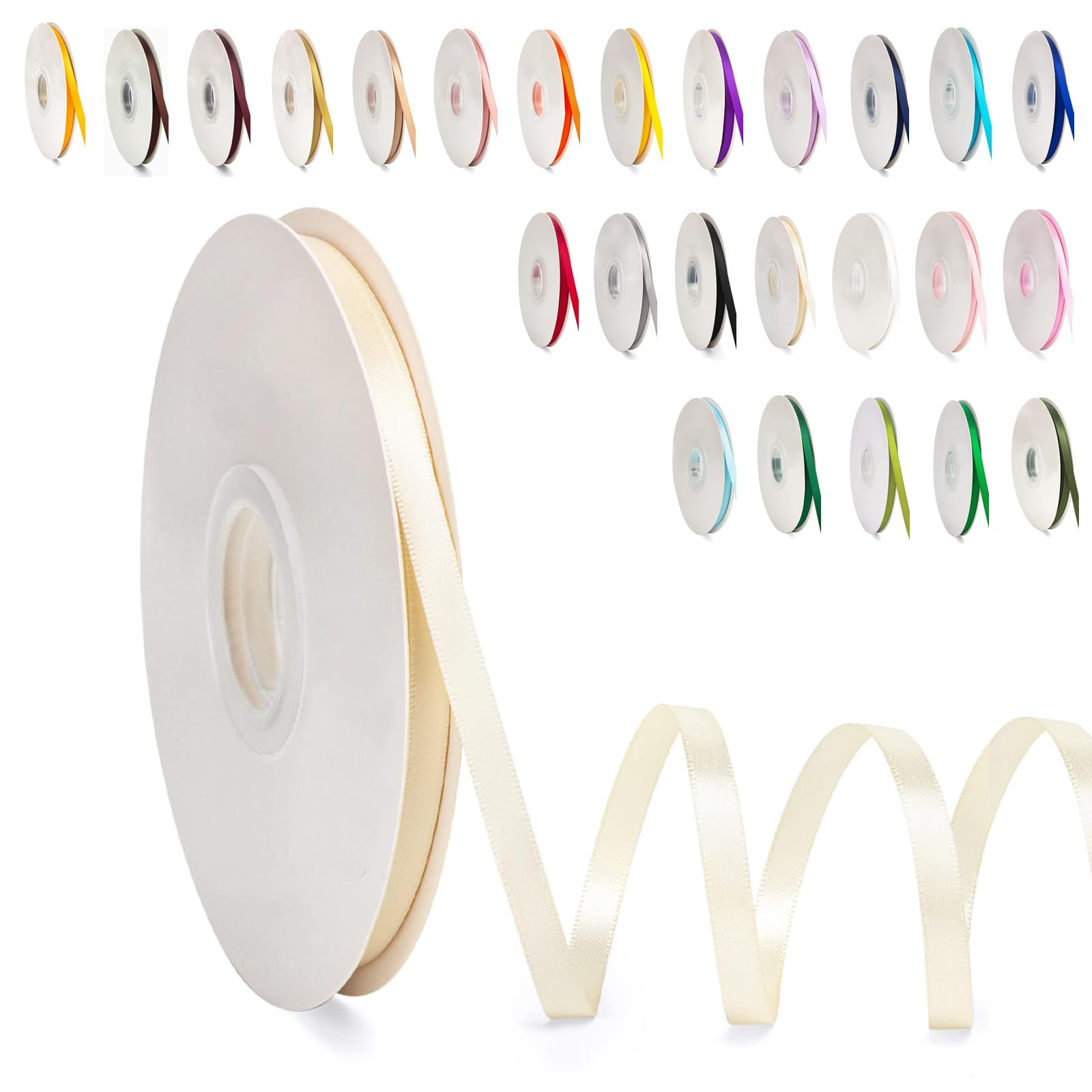 POPOYU Beige Satin Ribbon 6mm for Gift Wrapping, Crafting, Party Cake Decoration - 91M Polyester Ribbon for Balloons, Hair Bows, Christmas, Wedding Car Decor, Card Making, Scrapbooks — image 1