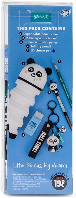 Pack Back to School Panda - Federmäppchen, 3D-Stift, Schlüsselanhänger, Anspitzer und Endlosstift