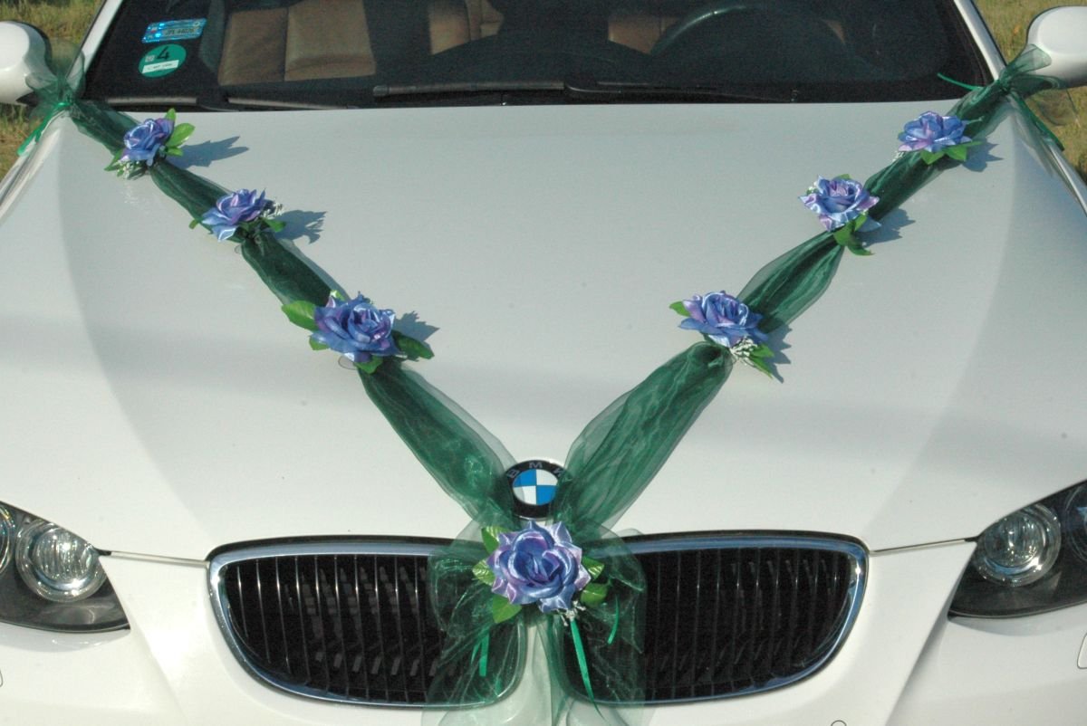Autoschmuck Organza M Auto Schmuck Braut Paar Rose Deko Dekoration Hochzeit Car Auto Wedding Deko Girlande PKW (Blau/Grun)