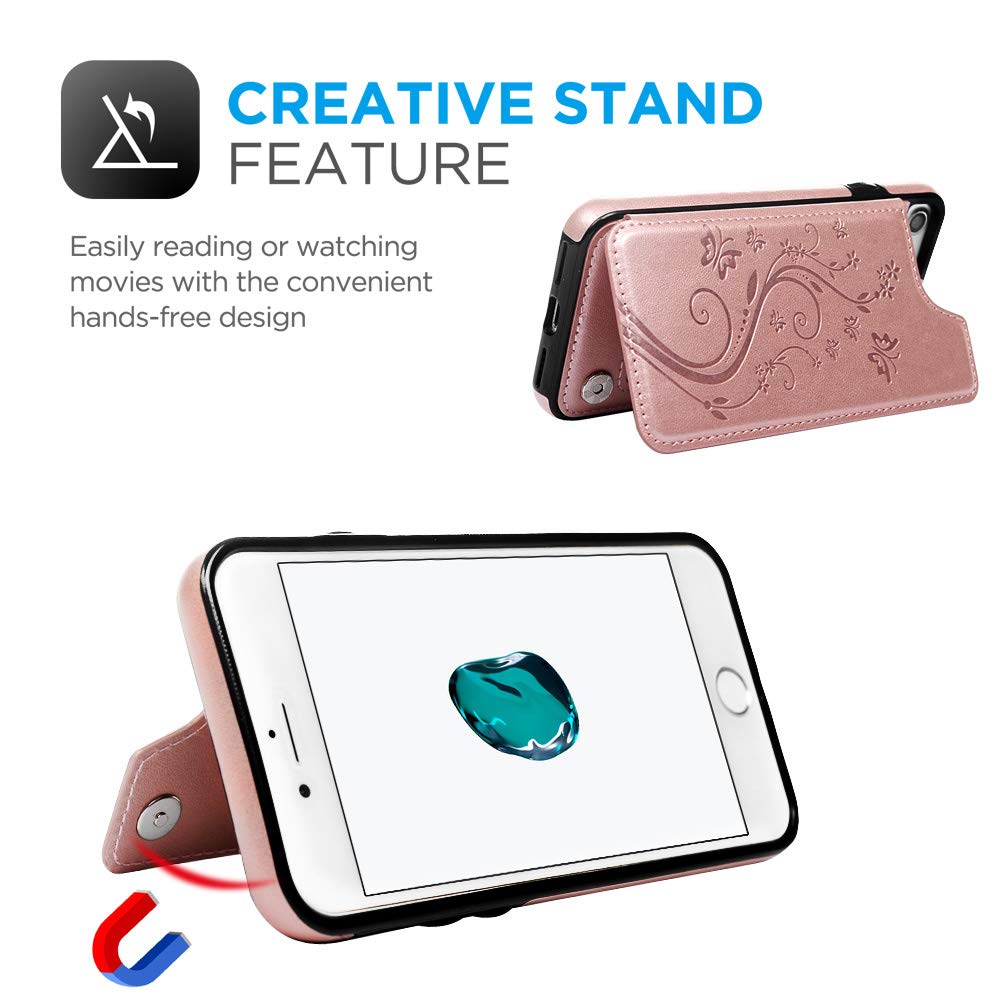 Promixc iPhone 7 Case, iPhone 8 Wallet Case with Card Holder Embossed Butterfly PU Leather Kickstand ID Credit Card Slots Folio Flip Protective Skin Cover for Apple iPhone 7/iPhone 8 Rose Gold